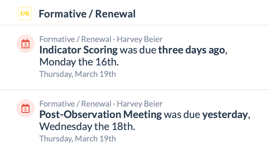 Evaluation task notifications for past due tasks