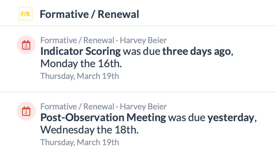 Evaluation task notifications for past due tasks